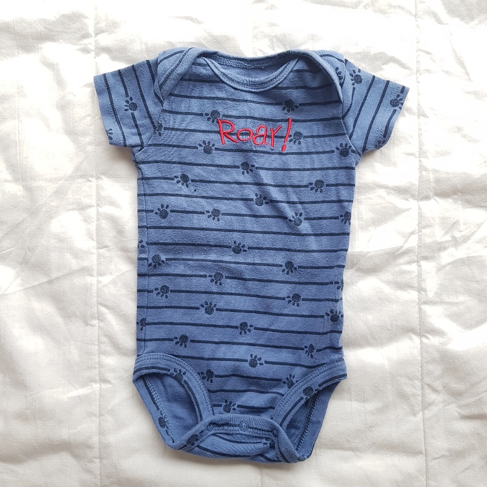 Blue "Roar!" Striped Baby Bodysuit